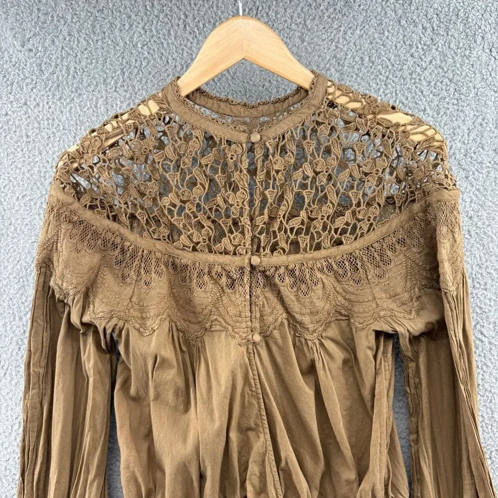 Free People Better For You Crochet Embroidered Victorian Blouse Top Long Sleeve
